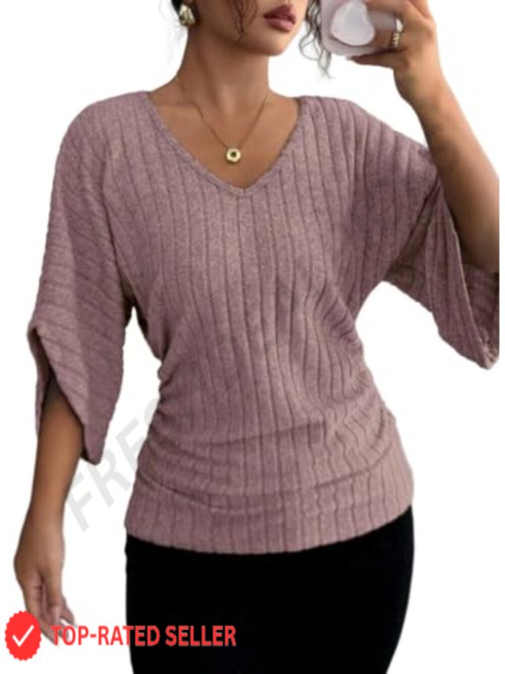 Womens Batwing 3/4 Sleeve V-Neck Ribbed Knit Blouse Dressy Casual Top